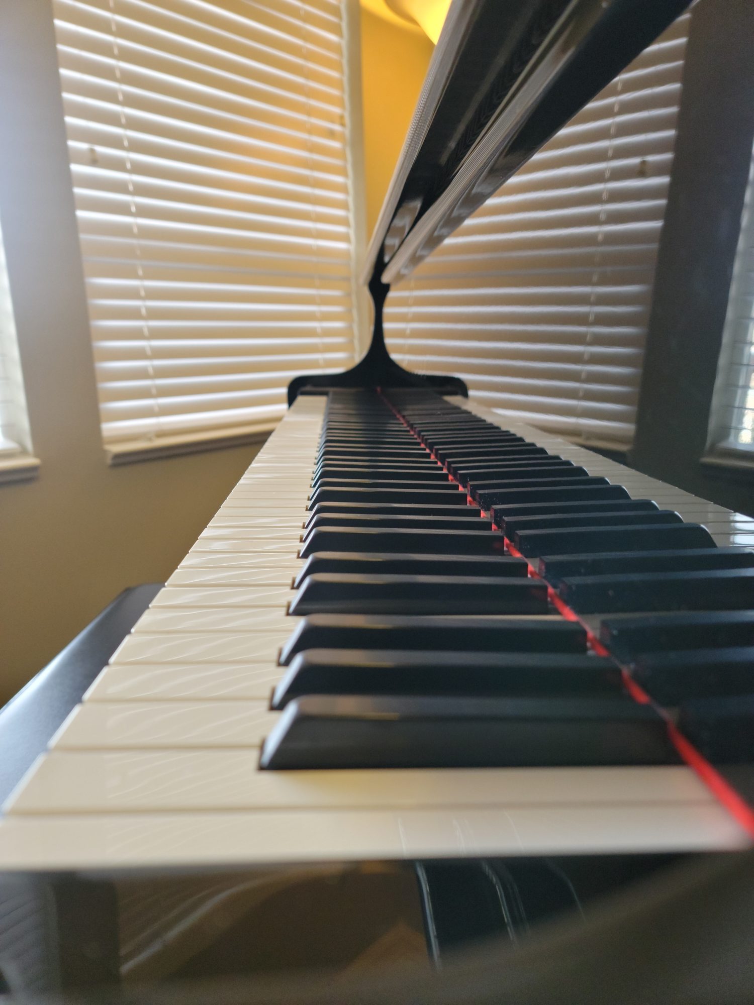 Looking down the keys of a grand piano in a customer's living room